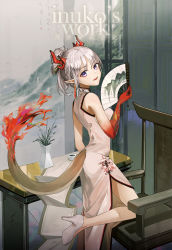 Rule 34 | 1girl, arknights, artist name, bare shoulders, blue eyes, chair, china dress, chinese clothes, dragon horns, dragon tail, dress, from side, hand fan, hand up, high heels, highres, holding, holding fan, horns, inuko (redconstellation), looking at viewer, looking to the side, medium hair, messy hair, nian (arknights), nian (unfettered freedom) (arknights), official alternate costume, open mouth, pumps, sandals, side slit, sidelocks, sleeveless, smile, solo, standing, table, tail, tattoo, white dress, white hair
