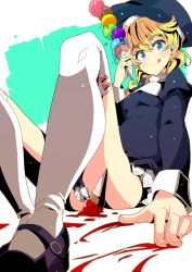 Rule 34 | 1girl, :p, bad id, bad pixiv id, blonde hair, blue eyes, blush, dress, food, hat, highres, ice cream, ice cream cone, ice cream cone spill, legs, long hair, looking at viewer, mary janes, shiun sanchou, shoes, sitting, smile, solo, spill, tasha romanovsky, thighhighs, tokyo 7th sisters, tongue, tongue out, too many, too many scoops, white thighhighs