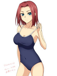 Rule 34 | 1girl, alternate costume, armpits, ashford academy swimsuit, blue eyes, blue one-piece swimsuit, blush, breasts, cleavage, code geass, collarbone, competition school swimsuit, covered navel, cowboy shot, fingernails, from side, highres, kouzuki kallen, large breasts, long fingernails, looking at viewer, one-piece swimsuit, pulled by self, red hair, school swimsuit, setu kurokawa, short hair, sideboob, solo, standing, swimsuit, thighs, v-shaped eyebrows