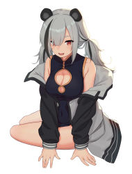 Rule 34 | 1girl, :d, absurdres, animal ears, arknights, bare shoulders, black dress, black hair, blush, breasts, china dress, chinese clothes, cleavage, cleavage cutout, clothes pull, clothing cutout, covered navel, dress, feater (arknights), grey hair, hair over one eye, highres, jacket, jacket pull, large breasts, long hair, long sleeves, looking at viewer, low twintails, multicolored hair, off shoulder, open clothes, open jacket, open mouth, panda ears, red eyes, side slit, simple background, sitting, smile, solo, streaked hair, twintails, white background, xiang he he qunzi