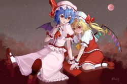 Rule 34 | 2girls, absurdres, arm support, artist name, ascot, back bow, bat wings, blonde hair, blue hair, blush, bobby socks, bow, brooch, chinese commentary, collared shirt, commentary, crystal, diamond-shaped pupils, diamond (shape), flandre scarlet, frilled shirt, frilled shirt collar, frilled skirt, frilled sleeves, frills, frown, full body, full moon, guierlll, hair between eyes, hand on another&#039;s shoulder, hand on own chest, hat, hat ribbon, highres, jewelry, looking at viewer, mary janes, medium hair, mob cap, moon, multiple girls, one side up, open mouth, pink headwear, pink shirt, pink skirt, puffy short sleeves, puffy sleeves, red ascot, red bow, red eyes, red footwear, red moon, red ribbon, red skirt, red vest, remilia scarlet, ribbon, seiza, shirt, shoes, short sleeves, siblings, sisters, sitting, skirt, skirt set, socks, symbol-shaped pupils, teeth, touhou, v-shaped eyebrows, vest, white headwear, white shirt, white socks, wings, wrist cuffs, yellow ascot