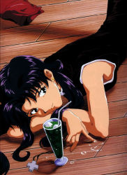 Rule 34 | 1girl, bare arms, bare shoulders, black dress, black eyes, closed mouth, cross, cross necklace, cup, dress, drink, drinking glass, drinking straw, dutch angle, earrings, greek cross, holding, holding jewelry, holding necklace, jewelry, unworn jewelry, katsuragi misato, long hair, looking at viewer, lying, necklace, unworn necklace, neon genesis evangelion, official art, on floor, on stomach, parted bangs, purple hair, sleeveless, sleeveless dress, smile, solo, stud earrings, wooden floor