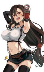 Rule 34 | 1girl, armor, armpits, arms behind head, arms up, bare shoulders, belt, black skirt, black thighhighs, boshi (a-ieba), breasts, brown eyes, brown hair, chocobo, collarbone, commentary request, duplicate, earrings, elbow gloves, elbow pads, final fantasy, final fantasy vii, final fantasy vii remake, gloves, highres, jewelry, large breasts, long hair, looking at viewer, low-tied long hair, midriff, miniskirt, navel, open mouth, pixel-perfect duplicate, simple background, skirt, sleeveless, smile, square enix, stomach, suspender skirt, suspenders, swept bangs, tank top, teeth, thighhighs, thighs, tifa lockhart, white background, white tank top, zettai ryouiki