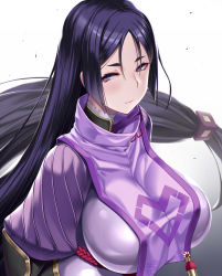 Rule 34 | 1girl, blush, bodysuit, breasts, closed mouth, fate/grand order, fate (series), hair between eyes, highres, large breasts, long hair, looking at viewer, low-tied long hair, minamoto no raikou (fate), parted bangs, purple bodysuit, purple eyes, purple hair, ribbed sleeves, rope, smile, solo, tabard, takanashi-a, very long hair, white background