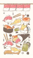 Rule 34 | :t, ^^^, artist name, blush, chopsticks, closed eyes, commentary request, creatures (company), cup, fish (food), flag, flower (symbol), food, game freak, gen 1 pokemon, gen 8 pokemon, highres, makizushi, mamezara, matsu symbol, musical note, nigirizushi, nintendo, no humans, pikachu, plate, poke ball print, pokefood, pokemon, pokemon (creature), poltchageist, simple background, snom, solid oval eyes, soy sauce, sparkle, speech bubble, spoken musical note, steam, sushi, sushi geta, tatsugiri, tatsugiri (curly), tatsugiri (droopy), tatsugiri (stretchy), temakizushi, temariame14, twitter username, wasabi, white background, yunomi
