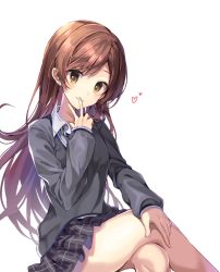Rule 34 | 1girl, bad id, bad pixiv id, black shirt, black skirt, blush, brown eyes, brown hair, closed mouth, collared shirt, commentary request, crossed legs, fingernails, hair between eyes, head tilt, heart, idolmaster, idolmaster shiny colors, long hair, long sleeves, looking at viewer, osaki amana, pinb, plaid, plaid skirt, pleated skirt, shirt, simple background, sitting, skirt, sleeves past wrists, smile, solo, v, very long hair, white background, white shirt