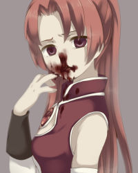 Rule 34 | 10s, bad id, bad pixiv id, blood, blood on clothes, blood on face, brown hair, guro, hand on own face, long hair, magical girl, mahou shoujo madoka magica, mahou shoujo madoka magica (anime), maki (natoriumu), purple eyes, sakura kyoko, simple background, solo, tears