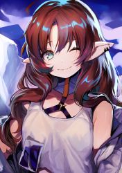 Rule 34 | 1girl, ahoge, aoki (fumomo), arknights, blue background, blue eyes, breasts, collarbone, commentary request, crop top, ear piercing, female focus, hair between eyes, highres, jacket, long hair, looking at viewer, myrtle (arknights), off shoulder, one eye closed, open clothes, open jacket, piercing, pointy ears, red hair, shirt, small breasts, smile, solo, tank top, upper body, wavy hair, white jacket, white shirt, white tank top