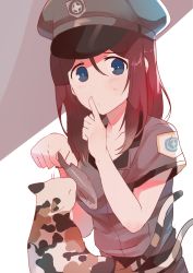 Rule 34 | 1girl, absurdres, alternate costume, animal, black hair, blue eyes, blue hat, blue shirt, blush, calico, cat, collared shirt, commentary, finger to mouth, fish, girls und panzer, hat, highres, holding, holding animal, holding fish, light blush, long hair, looking at viewer, megumi (girls und panzer), miluke, parted lips, peaked cap, police, police hat, police uniform, policewoman, shirt, short sleeves, shushing, solo, sweatdrop, swept bangs, uniform