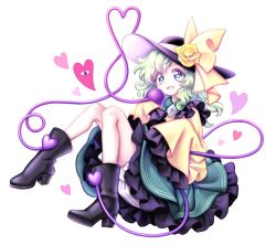 Rule 34 | 1girl, black footwear, black legwear, boots, floral print, flower, frilled skirt, frilled sleeves, frills, full body, green eyes, green hair, green skirt, hat, hat ribbon, heart, heart-shaped pupils, heart of string, komeiji koishi, long hair, long sleeves, looking at viewer, miy 001, open mouth, ribbon, rose, rose print, shirt, simple background, skirt, sleeves past fingers, sleeves past wrists, smile, solo, symbol-shaped pupils, third eye, touhou, wavy hair, white background, wide sleeves, yellow flower, yellow ribbon, yellow rose, yellow shirt