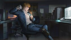 Rule 34 | 1boy, blonde hair, blue jacket, blue pants, bookshelf, chair, cherrypepsi1048, cigarette, collared shirt, desk, formal, full body, highres, holding, holding lighter, indoors, jacket, lighter, lighting cigarette, long sleeves, looking ahead, male focus, mob psycho 100, monitor, office, office chair, on chair, open mouth, pants, partially unbuttoned, reigen arataka, shirt, shoes, short hair, sitting, solo, suit, swivel chair