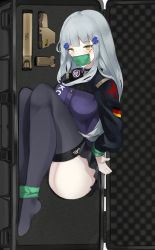 Rule 34 | 1girl, absurdres, black thighhighs, blush, breasts, fte (fifteen 199), gagged, german flag, girls&#039; frontline, green eyes, grey skirt, hair ornament, hairclip, highres, hk416 (girls&#039; frontline), long hair, looking at viewer, lying, medium breasts, no shoes, on side, restrained, silver hair, simple background, skirt, solo, tactical clothes, teardrop facial mark, teardrop tattoo, tears, thighhighs, uniform, weapon case