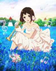 Rule 34 | 10s, 1girl, barefoot, beamed quavers, blue flower, brown hair, cloud, collarbone, day, dress, flower, full body, glass slipper, gloves, hair flower, hair ornament, hibike! euphonium, highres, instrument, jewelry, kyoto animation, looking at viewer, mole, mole under eye, musical note, nakaseko kaori, necklace, official art, open mouth, outdoors, pink eyes, quaver, scan, sitting, solo, treble clef, trumpet, white gloves, windmill