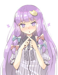 Rule 34 | 1girl, :o, arnest, blue bow, blunt bangs, blush, bow, crescent, crescent hair ornament, hair ornament, highres, long hair, looking at viewer, no headwear, open mouth, patchouli knowledge, purple eyes, purple hair, simple background, solo, star (symbol), touhou, upper body, white background, x fingers