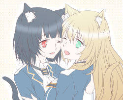 Rule 34 | 10s, 2girls, animal ears, aqua eyes, ascot, atago (kancolle), bad id, bad pixiv id, black hair, blonde hair, cat ears, cat tail, cheek-to-cheek, heads together, kantai collection, kemonomimi mode, long hair, multiple girls, no headwear, no headwear, one eye closed, open mouth, red eyes, short hair, smile, tail, takao (kancolle), udon (shiratama)