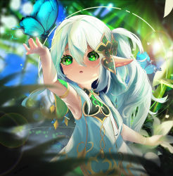 Rule 34 | 1girl, absurdres, arm up, armpits, blurry, bug, butterfly, child, commentary request, depth of field, forest, genshin impact, green eyes, hair between eyes, hair ornament, highres, insect, leaf, long hair, looking at another, looking away, looking up, nahida (genshin impact), nature, parted lips, pointy ears, shinobi (yikelanmei), short sleeves, side ponytail, sidelocks, white hair