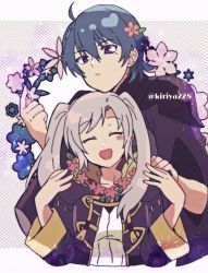 Rule 34 | 1boy, 1girl, armor, blue eyes, blue hair, byleth (fire emblem), byleth (male) (fire emblem), cape, closed eyes, fire emblem, fire emblem: three houses, fire emblem awakening, flower, flower necklace, hair flower, hair ornament, hand on another&#039;s shoulder, highres, hood, hood down, jacket, jewelry, kiriya (552260), long hair, necklace, nintendo, open mouth, robin (female) (fire emblem), robin (fire emblem), short hair, simple background, smile, twintails, upper body, white background, white hair