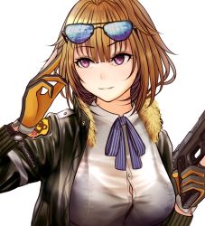 Rule 34 | 1girl, bad id, bad pixiv id, blonde hair, blue-tinted eyewear, bra, commentary, english commentary, eyewear on head, fur trim, girls&#039; frontline, gloves, green jacket, grizzly mkv (girls&#039; frontline), gun, hand up, highres, holding, holding gun, holding weapon, jacket, l.a.r. manufacturing, lar grizzly win mag, long sleeves, neck ribbon, open clothes, open jacket, orange gloves, partially fingerless gloves, purple eyes, purple ribbon, ribbon, see-through, shirt, short hair, simple background, smile, solo, sunglasses, sunglasses on head, tinted eyewear, turisasu, underwear, upper body, weapon, white background, white shirt
