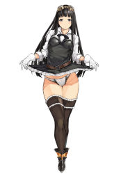 Rule 34 | 10s, 1girl, black eyes, black hair, black thighhighs, blush, breasts, clothes lift, curvy, full body, gloves, goggles, goggles on head, granblue fantasy, highleg, highleg panties, jessica (granblue fantasy), kabocha head, lace, lace-trimmed panties, lace trim, long hair, looking at viewer, panties, skirt, skirt lift, small breasts, smile, solo, standing, thick thighs, thighhighs, thighs, underwear, white background, white gloves, white panties, wide hips
