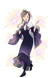 Rule 34 | 1girl, :d, black dress, black footwear, black pantyhose, brown hair, capelet, dorothy (princess principal), dress, flower, full body, hair bun, hair flower, hair ornament, hand up, highres, long hair, looking at viewer, official art, open mouth, pantyhose, princess principal, princess principal game of mission, purple eyes, purple neckwear, shoes, single hair bun, smile, solo, sparkle, standing, standing on one leg, transparent background, white capelet, wide sleeves