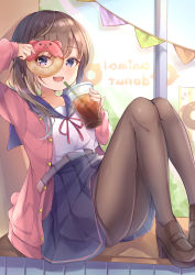 Rule 34 | 1girl, :d, absurdres, belt, blue sailor collar, blue skirt, blush, breasts, brown footwear, brown hair, brown pantyhose, cup, disposable cup, doughnut, drink, food, highres, holding, holding cup, holding food, indoors, jacket, knees up, loafers, long hair, long sleeves, miniskirt, open clothes, open jacket, open mouth, original, pantyhose, pennant, pink jacket, pleated skirt, poe (528yuzunon), purple eyes, red ribbon, ribbon, sailor collar, school uniform, serafuku, shirt, shoes, sitting, skirt, smile, solo, twintails, unbuttoned, white shirt, window