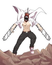 Rule 34 | 1boy, abs, absurdres, belt, black pants, chainsaw, chainsaw man, collared shirt, denji (chainsaw man), facing viewer, floating clothes, highres, hybrid, mg991998, muscular, muscular male, open mouth, pants, rubble, sharp teeth, shirt, shoes, simple background, sneakers, solo, teeth, twitter username, white background, white footwear, white shirt