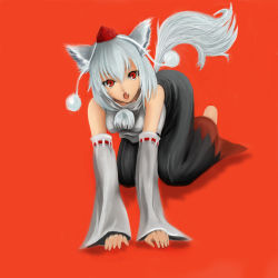 Rule 34 | 1girl, all fours, animal ears, bad id, bad pixiv id, barefoot, def (chronowarld), fang, female focus, hat, highres, inubashiri momiji, jpeg artifacts, red eyes, silver hair, solo, tail, tokin hat, touhou, wolf ears, wolf tail