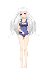 Rule 34 | 1girl, bad id, bad pixiv id, barefoot, breasts, covered navel, full body, highres, long hair, niliu chahui, one-piece swimsuit, original, qing lan, red eyes, school swimsuit, silver hair, solo, swimsuit, tokisaki mio (niliu chahui), transparent background, twintails, two side up
