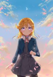 Rule 34 | 1girl, absurdres, black dress, black pantyhose, blue jacket, blush, cloud, cloudy sky, collared shirt, commentary request, day, dress, hair between eyes, headphones, highres, jacket, long hair, long sleeves, love live!, love live! superstar!!, neck ribbon, outdoors, pantyhose, ribbon, shibuya kanon, shirt, sky, solo, standing, umi-chan (umi-chan koubou), white shirt