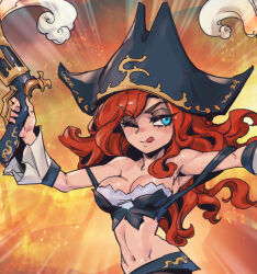 Rule 34 | 1girl, ;q, arm up, bare shoulders, black hat, breasts, cleavage, green eyes, groin, gun, hat, holding, holding gun, holding weapon, large breasts, league of legends, long hair, miss fortune (league of legends), monochrome, navel, one eye closed, phantom ix row, pirate hat, red background, red hair, solo, stomach, tongue, tongue out, weapon
