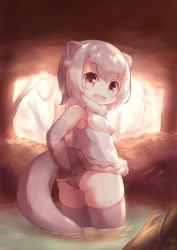 Rule 34 | 10s, 1girl, animal ears, ass, bare shoulders, blush, breasts, brown eyes, commentary, elbow gloves, eyelashes, fang, fingerless gloves, frilled swimsuit, frills, fur collar, gloves, grey one-piece swimsuit, grey thighhighs, kemono friends, looking at viewer, looking back, matsuu (akiomoi), medium breasts, one-piece swimsuit, open mouth, otter ears, otter tail, outdoors, short hair, small-clawed otter (kemono friends), solo, standing, swimsuit, tail, tareme, thighhighs, tree, tree shade, wading