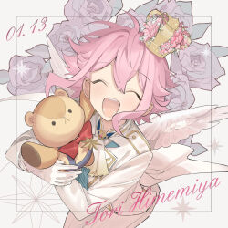 Rule 34 | 1boy, androgynous, angel wings, bishounen, blush, character name, closed eyes, coat, crown, ensemble stars!, feathered wings, flower, highres, himemiya tori, long sleeves, looking at viewer, looking up, male focus, mini crown, open mouth, pants, pink flower, pink hair, pink rose, pink wings, purple flower, purple rose, rice (rice8p), rose, short hair, solo, stuffed animal, stuffed toy, teddy bear, white coat, white pants, wings