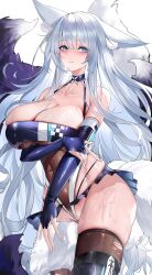 Rule 34 | 1girl, absurdres, animal ear fluff, animal ears, azur lane, bare shoulders, blue eyes, blush, breasts, fox ears, fox girl, fox tail, highres, huge breasts, kitsune, large breasts, long hair, multiple tails, official alternate costume, race queen, ren (2993), shinano (azur lane), shinano (moonlit chrome) (azur lane), skirt, solo, tail, thighhighs, thighs, towel, very long hair, white hair