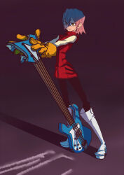 Rule 34 | 1girl, boots, breasts, flcl, full body, gloves, guitar, haruhara haruko, highres, instrument, light, medium breasts, pink hair, sephiroh-ignis, shadow, short hair, small breasts, solo, standing, toon (style), white footwear, yellow eyes, yellow gloves