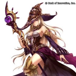 Rule 34 | 1girl, armor, bank of innovation, bare shoulders, belt, between legs, black dress, blonde hair, breasts, cleavage, closed mouth, copyright name, cryptract, detached collar, detached sleeves, dress, female focus, greaves, hair over one eye, hat, holding, holding staff, large breasts, long hair, looking at viewer, official art, pencil skirt, purple detached sleeves, purple eyes, purple skirt, simple background, skirt, smile, solo, staff, standing, strapless, strapless dress, very long hair, white background, witch, witch hat