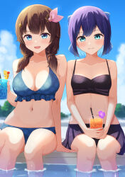 Rule 34 | 2girls, :d, a-chan (hololive), aqua eyes, arm at side, arm support, bare arms, bare shoulders, bikini, bikini skirt, black bikini, blue bikini, blue bow, blue eyes, blue hair, blue sky, bow, breasts, brown hair, cleavage, closed mouth, cloud, collarbone, dark blue hair, day, drink, drinking straw, feet out of frame, frilled bikini, frills, hair between eyes, hair bow, hair ornament, hand up, hands on lap, highres, holding, holding drink, hololive, ice, ice cube, light blush, looking at viewer, low twintails, medium breasts, medium hair, multiple girls, navel, open mouth, outdoors, pleated skirt, pool, print bikini, short hair, sitting, skirt, sky, small breasts, smile, soaking feet, star (symbol), star hair ornament, straight-on, sunlight, swimsuit, tokino sora, twintails, typho, virtual youtuber, water, wet