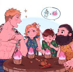 Rule 34 | 1girl, 3boys, abs, absurdres, asymmetrical bangs, bare shoulders, beard, black hair, blonde hair, blue shirt, blue shorts, bowl, braid, brown hair, buttons, cameo, carrot, chilchuck tims, commentary, covered mouth, crossover, dungeon meshi, dwarf, eating, elf, english commentary, facial hair, floral print, flower, food, french braid, frozen (disney), green eyes, green shirt, hair bun, hair flower, hair ornament, hair slicked back, halfling, halterneck, hand up, happy, hawaiian shirt, highres, holding, holding spoon, laios thorden, long beard, long hair, mango (mgosketches), marcille donato, multiple boys, multiple crossover, muscular, muscular male, mustache, nipples, no headwear, olaf (frozen), open clothes, open mouth, open shirt, orange shirt, pectorals, pointy ears, ponytail, poring, print shirt, profile, ragnarok online, red hair, sack, senshi (dungeon meshi), shaved ice, shirt, short hair, short sleeves, shorts, single hair bun, sitting, sleeveless, sleeveless shirt, smile, snowman, sparkle, speech bubble, spoken character, spoon, twitter username, v-neck, white background, yellow eyes