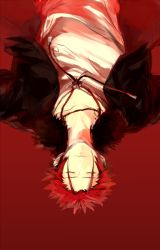 Rule 34 | 10s, 1boy, bad id, bad pixiv id, closed eyes, jacket, k-project, kudou akira, male focus, red background, red hair, short hair, solo, suoh mikoto, upside-down