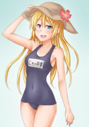 Rule 34 | 1girl, anti (untea9), blonde hair, blue background, blue eyes, blue one-piece swimsuit, breasts, commentary request, covered navel, cowboy shot, flower, gradient background, hat, hibiscus, highres, holding, holding clothes, holding hat, jervis (kancolle), jewelry, kantai collection, long hair, looking at viewer, name tag, one-piece swimsuit, ring, school swimsuit, small breasts, solo, sun hat, swimsuit, wedding band