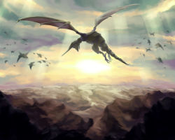 Rule 34 | cloud, cloudy sky, flying, horns, landscape, lpo!, mountain, no humans, panzer dragoon, scenery, single horn, sky, wings