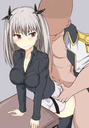 Rule 34 | 1boy, 1girl, black thighhighs, blush, butterfly hair ornament, clenched teeth, doggystyle, faceless, faceless male, grey background, grey hair, hair ornament, hetero, highres, mos yen, qualidea code, rape, sex, sex from behind, simple background, teeth, tenkawa maihime, thighhighs, twintails