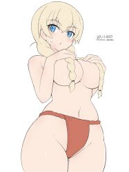 1girl blonde_hair blue_eyes blush braid breasts dated fundoshi japanese_clothes large_breasts long_hair looking_at_viewer luminous_witches lyudmila_andreyevna_ruslanova navel no_bra red_fundoshi signature solo sweat topless twin_braids unkai_daraku world_witches_series