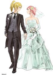 Rule 34 | 10s, 2girls, absurdres, ayase eli, blonde hair, blue dress, bouquet, brooch, commentary request, corsage, couple, dress, elbow gloves, eye contact, flower, formal, full body, gloves, groom, hair flower, hair ornament, highres, holding hands, jewelry, looking at another, love live!, love live! school idol project, multiple girls, necktie, nishikino maki, pant suit, pants, ponytail, red hair, scrunchie, shigaron (djtjaxk), simple background, suit, twitter username, veil, wedding, wedding dress, white gloves, wife and wife, yuri