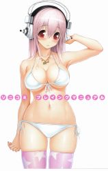 Rule 34 | 1girl, absurdres, bikini, blush, breasts, cleavage, front-tie top, headphones, highres, jewelry, large breasts, long hair, navel, necklace, nitroplus, pink hair, pink thighhighs, red eyes, side-tie bikini bottom, simple background, skindentation, solo, star (symbol), star print, super sonico, swimsuit, thighhighs, tsuji santa, white background, white bikini