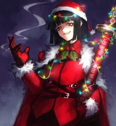 Rule 34 | 1girl, absurdres, black hair, cape, christmas lights, cigarette, collared jacket, fur-trimmed sleeves, fur trim, gloves, hand up, hat, highres, holding, holding cigarette, holding sword, holding weapon, holly, jacket, limbus company, ootachi, parted lips, project moon, red cape, red eyes, red gloves, red jacket, ryoshu (project moon), santa hat, selllrom, short hair, smile, smoke, solo, sword, weapon