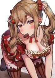 Rule 34 | 10s, 1girl, bang dream!, blonde hair, blush, breasts, candy, chocolate, chocolate heart, cleavage, commentary, detached collar, food, hair ornament, heart, ichigaya arisa, large breasts, long hair, looking at viewer, mia (fai1510), mouth hold, pantyhose, ribbon, solo, striped clothes, striped thighhighs, thighhighs, tsundere, twintails, valentine, vertical-striped clothes, vertical-striped thighhighs, x hair ornament