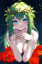 Rule 34 | 1girl, blue eyes, breasts, cleavage, closed mouth, commission, eien project, elf, flower, flowers (innocent grey), green hair, highres, leaf, looking at viewer, medium breasts, pointy ears, red flower, revenantart, riifu evergreen, smile, solo, tattoo, virtual youtuber