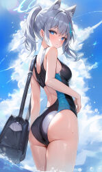 Rule 34 | 1girl, animal ears, ass, bare arms, bare legs, bare shoulders, blue archive, blue eyes, blush, breasts, cloud, competition swimsuit, cowboy shot, cross hair ornament, cumulonimbus cloud, day, extra ears, grey hair, hair ornament, highres, looking at viewer, looking back, medium breasts, medium hair, official alternate costume, one-piece swimsuit, outdoors, ponytail, shiroko (blue archive), shiroko (swimsuit) (blue archive), solo, swimsuit, wolf ears, woodazi