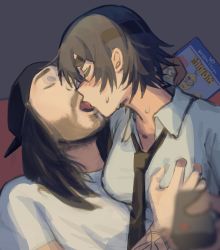Rule 34 | 1boy, 1girl, backwards hat, baseball cap, beard, black hair, black necktie, blu-ray, grabbing another&#039;s breast, chainsaw man, closed eyes, collared shirt, cr1tikal, eyepatch, facial hair, facing to the side, french kiss, grabbing, hat, hetero, highres, himeno (chainsaw man), kiss, liowig, long hair, minions (movie), necktie, open mouth, real life, shirt, short hair, sweat, tongue, tongue out, upper body, white shirt, xyanaid