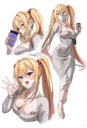 Rule 34 | 1girl, absurdres, blonde hair, blush, borrowed character, breasts, cellphone, cleavage, collarbone, covered navel, cup, dongtan dress, dress, earphones, earrings, fellatio gesture, full body, hair bobbles, hair ornament, highres, holding, holding cup, jewelry, large breasts, long hair, mask, meme attire, mouth mask, nail polish, necklace, phone, pink nails, red eyes, sayuri (k pring), simple background, single earring, smartphone, starbucks, tattoo, thighs, tongue, tongue out, twintails, white background, white dress, yato (yama0x1)